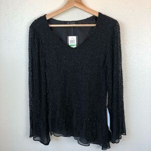 NWT JKARA New York Black Beaded Blouse Top Size L